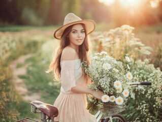 Woman wearing a summer dress holding bicycle with some flowers in the basket outdoors