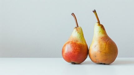 Two ripe pears against a white backdrop