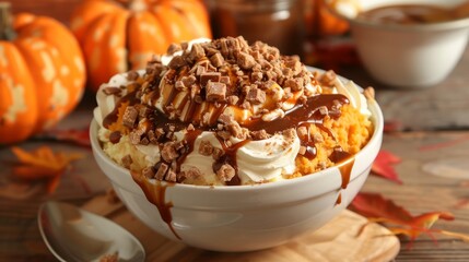 Dessert bowl with whipped cream, caramel sauce, and crumbled toffee, set against a background with pumpkins
