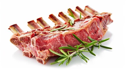 Rack of raw lamb chops seasoned with herbs, prominently displaying rosemary, against a white background