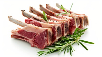 Set of raw lamb chops seasoned with herbs and spices, prominently featuring rosemary. The meat is pink and uncooked, with visible fat and bone structures