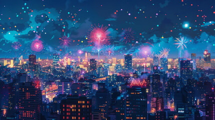 2d ppixel art of firework over the city at night, game art, 16 bits, 32 bits