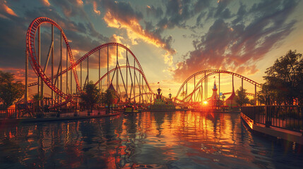 sunset on the amusement park, theme park concept 