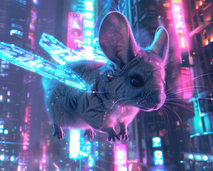 Fototapeta premium Cyberpunk chinchilla with neon, holographic wings, flying through a futuristic cityscape with neon lights and towering buildings, Cyberpunk, Neon colors, Digital art