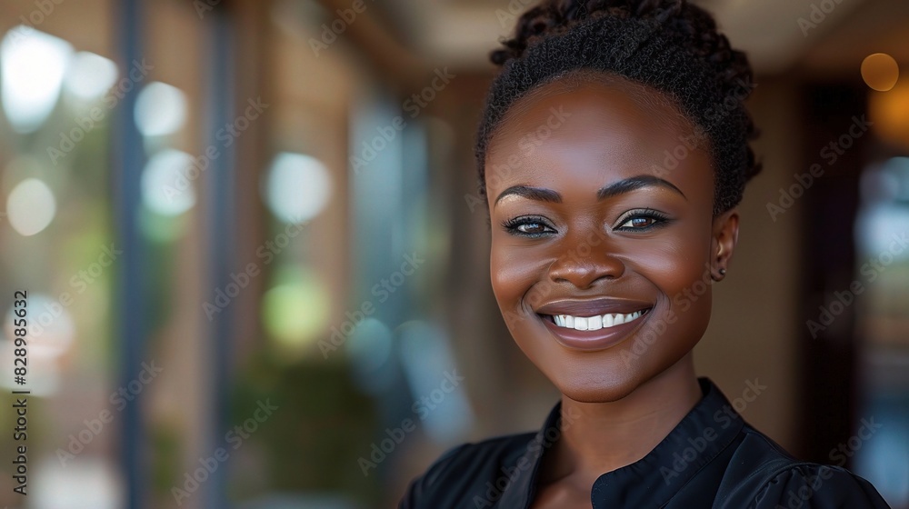 Sticker businesswoman with a captivating smile, her portrait showcasing the confidence and determination of a black woman breaking barriers and achieving success