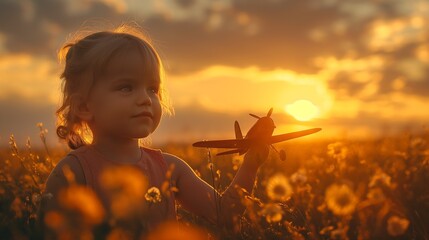 little girl against sunset with toy plane her hand. Girl with toy airplane in her hands