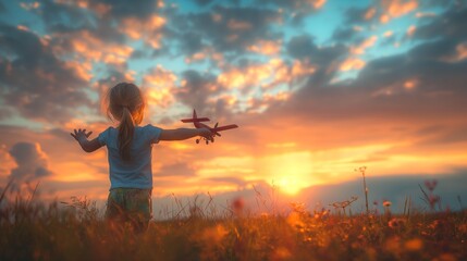little girl against sunset with toy plane her hand. Girl with toy airplane in her hands