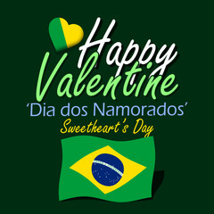 Valentine's Day in Brazil event banner. A waving Brazilian flag with a heart and calligraphic text on dark green background to celebrate on June 12th