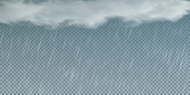 Raindrops on transparent background. Storm with rain and white cloud isolated on transparent background. Downpour, hail rainy weather. png
