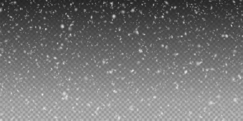 Christmas background with small falling snowflakes. Snow storm effect, blurred, cold wind with snow png. Holiday powder snow for cards, invitations, banners, advertising.