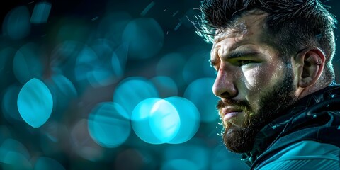 Serious rugby player portrait in stadium looking away with blurred background. Concept Sports Photography, Rugby Player, Stadium Portrait, Serious Expression, Blurred Background