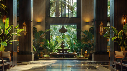 Fototapeta premium interior of a hotel lobby with tree and foliage, nature decoration style