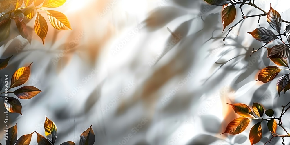 Poster abstract background with blurred leaf shadows on a white wall evoking spring and summer vibes. conce