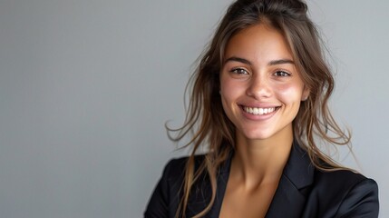 Fototapeta premium businesswoman with a captivating smile, radiating confidence and positivity against the simplicity of a white background