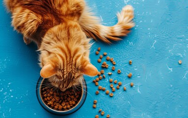Orange Cat Eating From Bowl on a Blue Surface in Daylight