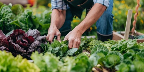 Close-up of a person's hands working in a vegetable garden, caring for various leafy green plants