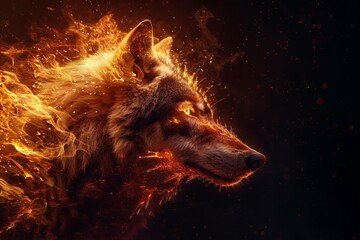 The head of a wolf with fire and sparks against a black background