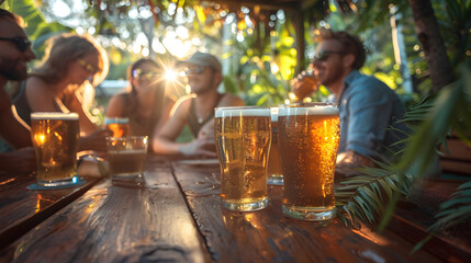 Friends chat over glasses of beer at a wooden table. Generative by AI
