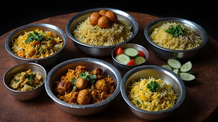 meals served at the mandi table View polao egg kacchi, egg sh isolated biryani, spicy pulao, and Indian salad.