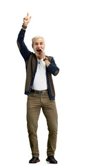 Naklejka premium A man, full-length, on a white background, rejoices