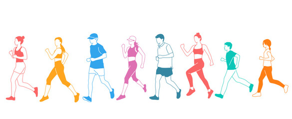 Men, women and teenagers running, different colors, cartoon characters, people silhouettes, flat icon design concept, hand drawn vector illustration isolated on white background