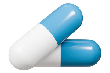 3d Vitamin capsule icon isolated on blue background. Emergency, Safety, Hospital doctor equipment medic health care concept. 3d minimal White and red capsules icon for web, Pills. Health. 3d render.