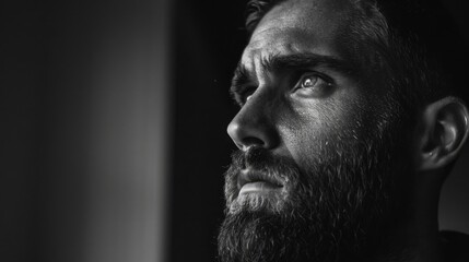 Thoughtful bearded man in a moody black and white portrait, looking away into the distance