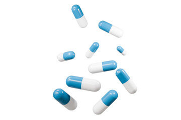 3d Vitamin capsule icon isolated on blue background. Emergency, Safety, Hospital doctor equipment medic health care concept. 3d minimal White and red capsules icon for web, Pills. Health. 3d render.