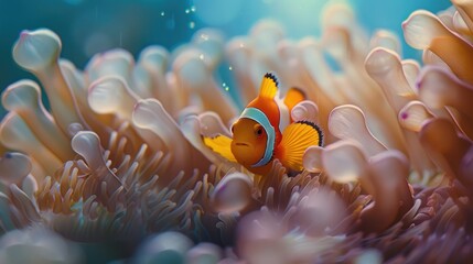 A tiny adorable orange fish covered in anemones
