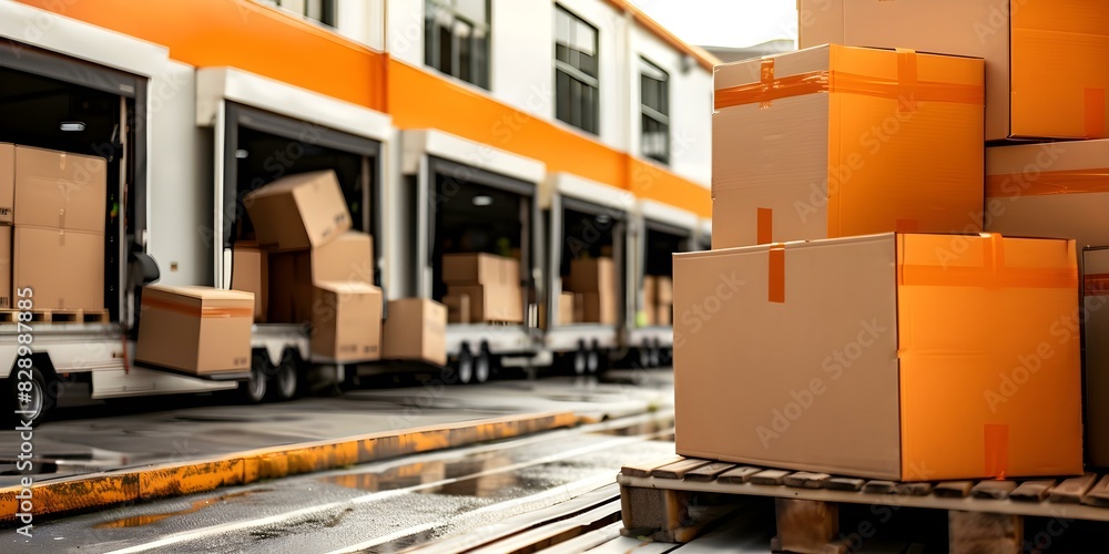 Poster efficiently loading delivery boxes onto truck outside warehouse for optimized delivery process. conc