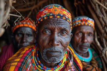 Fototapeta premium portraiture of samburu warriors in vivid traditional dress with rocky outcrops in semiarid kenya