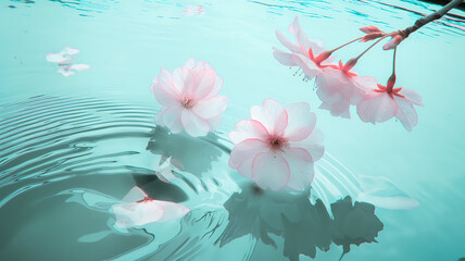 Cherry blossoms sakura in the water, bright colors and light shadows, romantic and nostalgic style