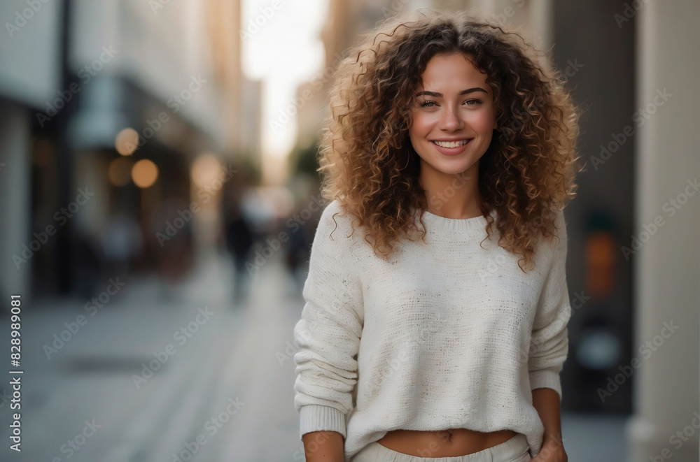 Wall mural Smiling young woman with curly hair in white sweater posing on a vibrant city street during daytime - Wall murals