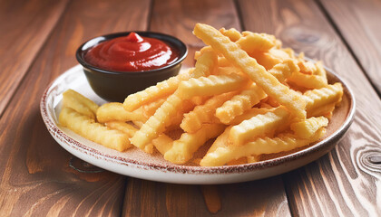 French fries crinkle cut and bowl of tomato sauce. Tasty food. Appetizing snack. Culinary concept