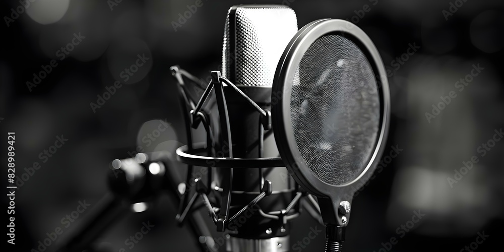Poster black professional microphone with pop filter ready to capture pristine sound. concept audio recordi
