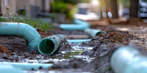 Installation of Plastic Sewage Pipes at a House Construction Site. Concept Plastic Sewage Pipes, House Construction, Installation Process, Plumbing Infrastructure, Construction Site Utilities