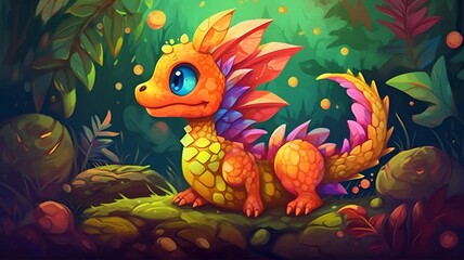 Cute dragon in the forest. Cartoon dragon. Cute dragon in fantastic light forest with plants