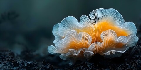 Enchanting Macro Photograph of Glowing Forest Mushroom. Concept Enchanting Macro Photography, Glowing Forest, Mushroom, Nature, Magical Fungi