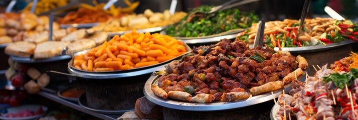 Obraz premium A variety of street food dishes displayed in large bowls at a market, vibrant and appetizing