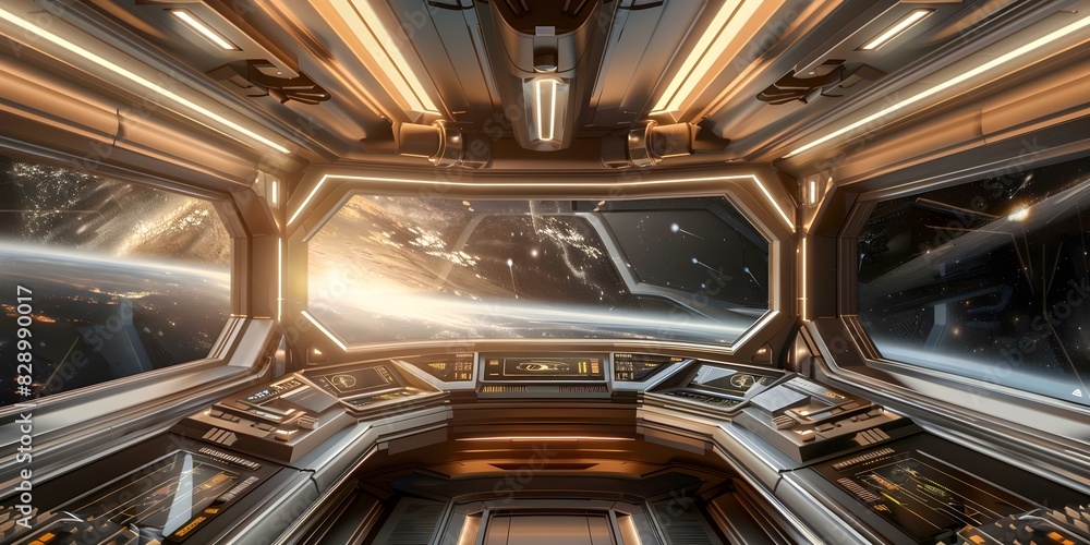 Poster futuristic spaceship control room window with a view of space. concept science fiction, spaceship, c