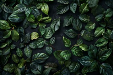 Black background dark green leaves, high quality, high resolution