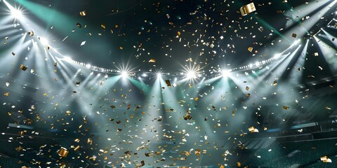 Golden confetti cascades under vibrant spotlights at the indigo football stadium. Concept Event coverage, Photography techniques, Lighting effects, Special effects, Sports photography