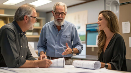 Obraz premium Architects Collaborating on Blueprint Design in Modern Office