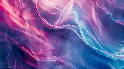 Fototapeta premium Colorful smoke forms the background, with purple and blue hues. Soft lines and gentle shapes depict atmospheric clouds against a light pink and dark gray canvas. 