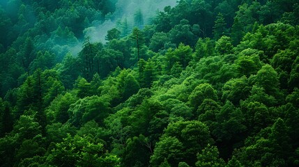 A bird's eye view of a dense green forest in a misty atmosphere with natural light in the style of professional photography similar to national geographic photos with high definition.