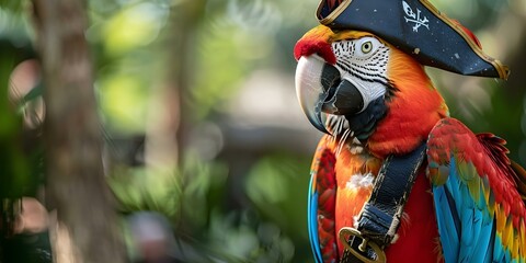 A colorful parrot wearing a pirate outfit ready to set sail. Concept Outdoor Photoshoot, Colorful Props, Imaginative Portraits, Pirate Costume, Animal Photography