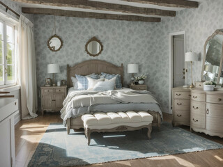 French country interior design of modern bedroom in farmhouse.