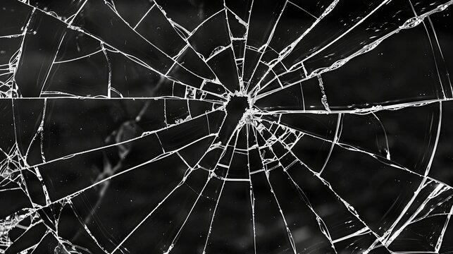 Broken glass on a dark background. After the impact, the glass surface has cracks diverging from the point of impact or bullet hit. The concept of destruction, vulnerability and fragility of existence