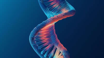 Abstract DNA strands in Delphinium Blue, White, Atmosphere, and Fiery Coral on a minimalist background with negative space and rule of thirds composition.