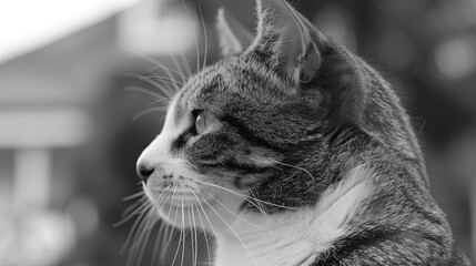 Close up portrait of cute cat. Detailed image of a cat's face in profile. Fluffy pet is staring at something. Illustration for cover, card, postcard, interior design, decor or print.